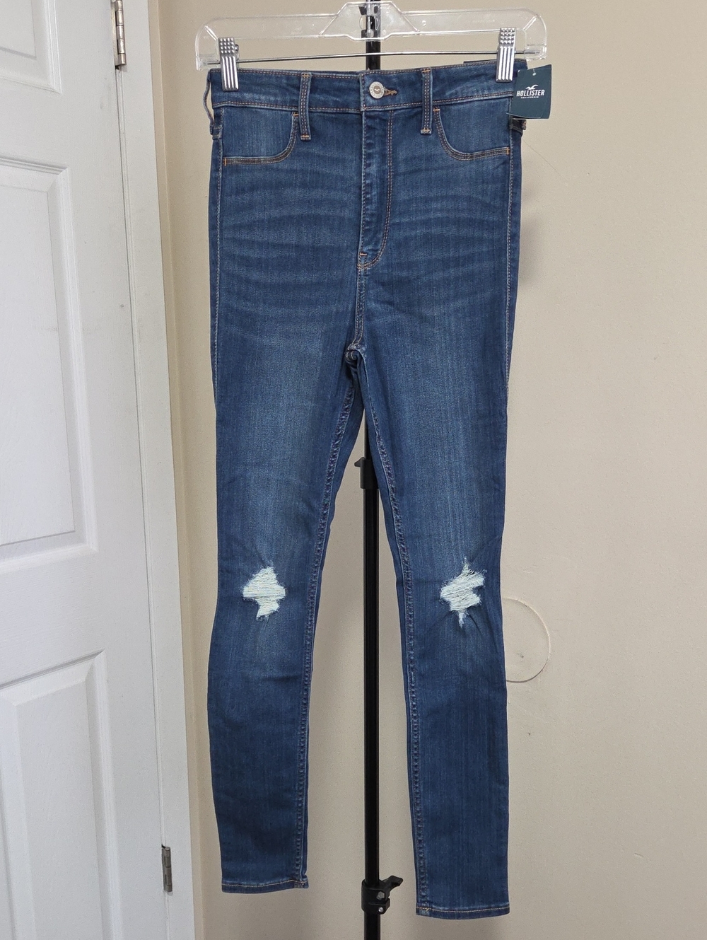 Nwt Hollister Mid-Blue High-Rise Skinny Jeans with Knee Rips